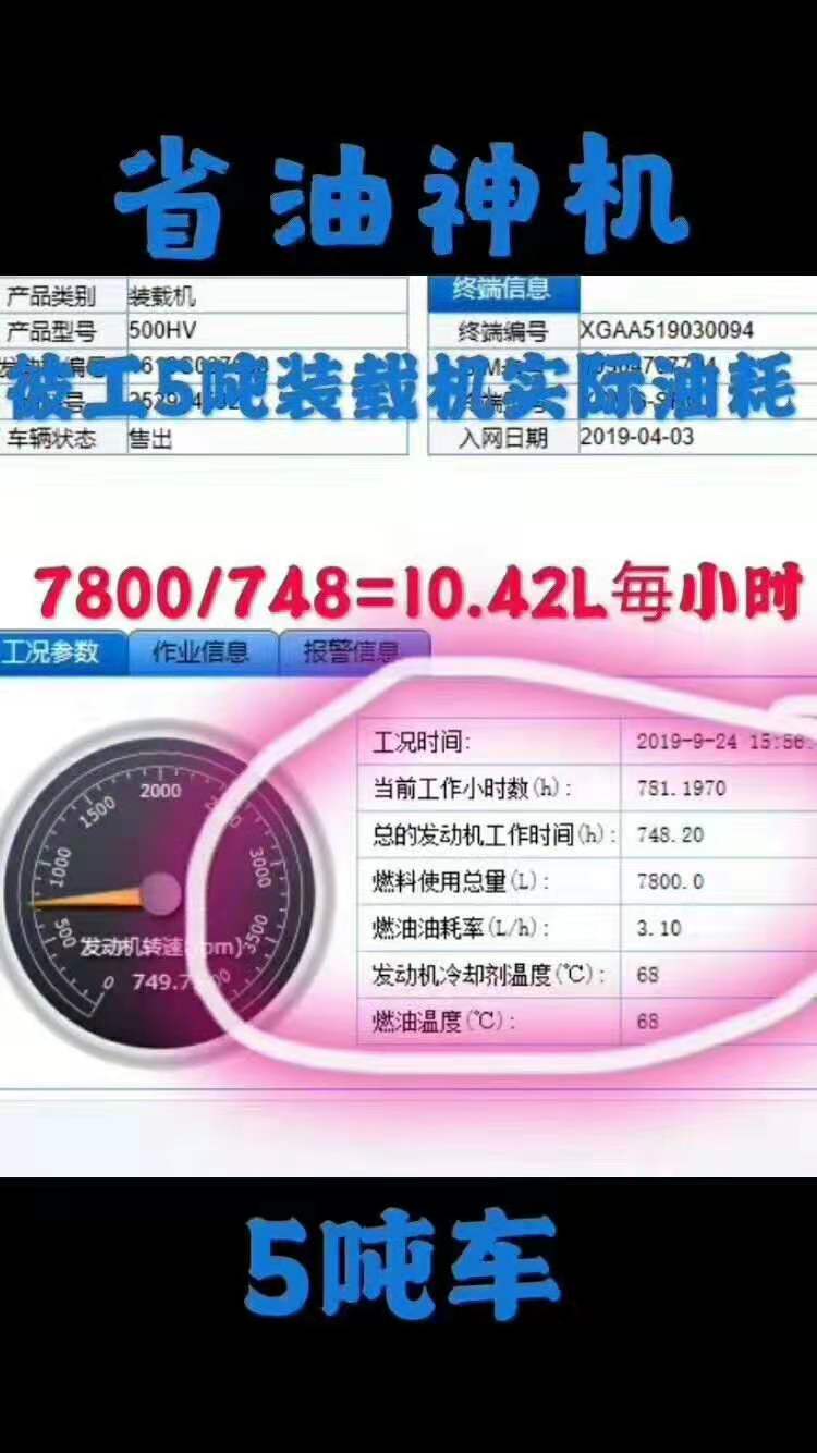 徐工5噸裝載機實際油耗：7800/748=10.42L每小時，省油神機；